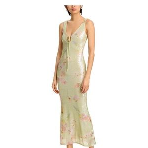 Bardot Pale Green Sequin Slip Dress with Floral Detail